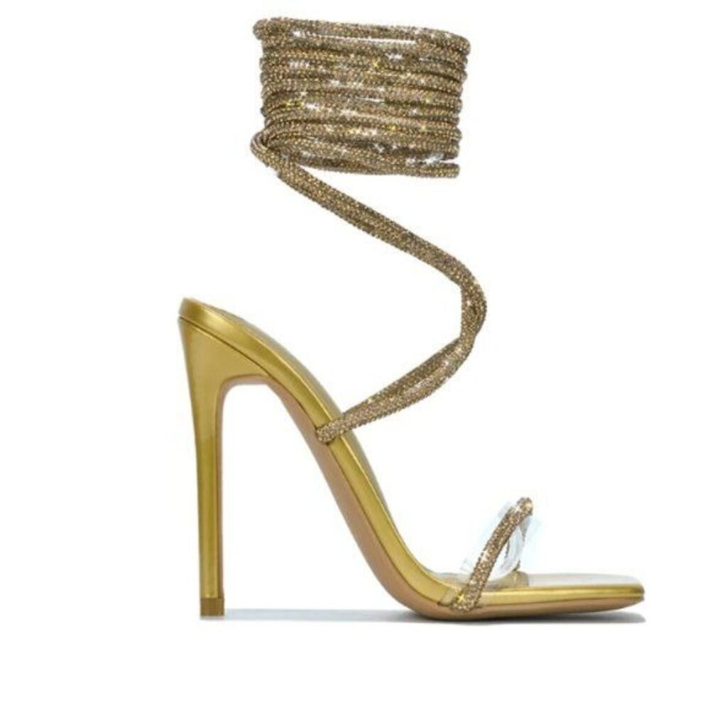 CAPE ROBBIN Strappy Gold Heels 7.5 Metallic Shiny Party up NEW
